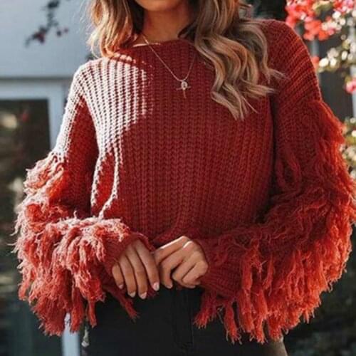 Women Autumn Tops Loose Sweater Pullover Winter Jumpers Knit Sweaters Ladies Fashion Spring Fringed Sleeves Solid Tops One Size
