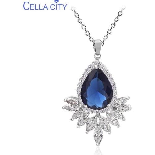 Cellacity Elegant Silver 925 Jewelry Water Drop Shaped Gemstones Necklace for Women Neck Ornament Feather Sapphire Ruby Emerald
