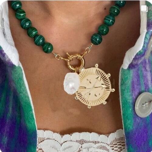 New Vintage Bijoux Gift punk 2021 statement fashion jewelry geen malachite beads Drop pendant freshwater pearl necklacce women