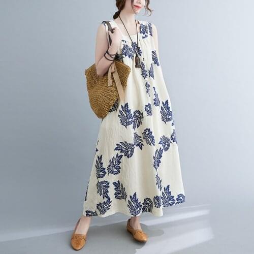 Sleeveless Loose Summer Dress 2021 New Arrival Print Floral Holiday Outdoor Travel Casual Beach Style Dress Women Vintage Dress