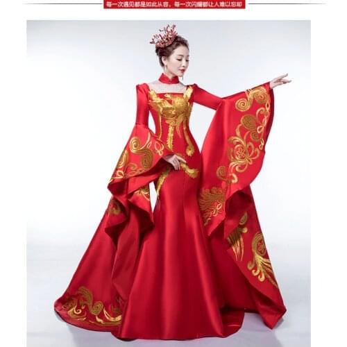 100%real chinese traditional red phonix embroidery one piece long trainling sleeve dress/can cusotms size/many styles to choose