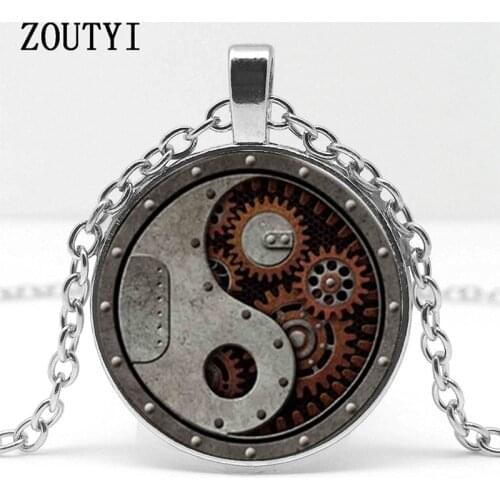 2018/ hot sale models, round gear pendant necklace connector charm steampunk style pattern glass pendant necklace