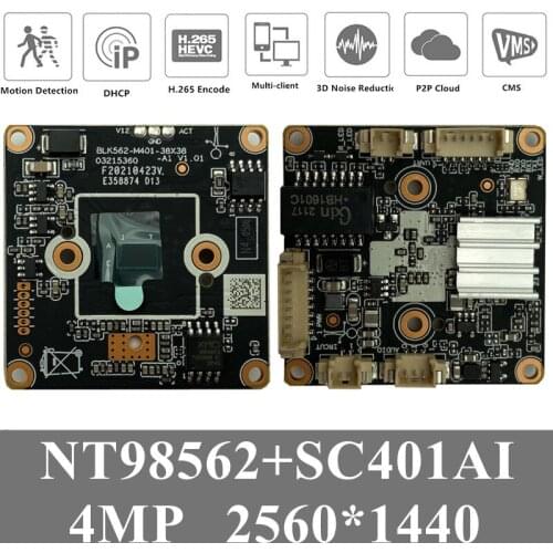 4Pcs NT98562+SC401AI 4MP 2560*1440 H.265 IP Camera Module Board MIC Audio Interface ONVIF VMS XMEYE Radiator Motion Detection