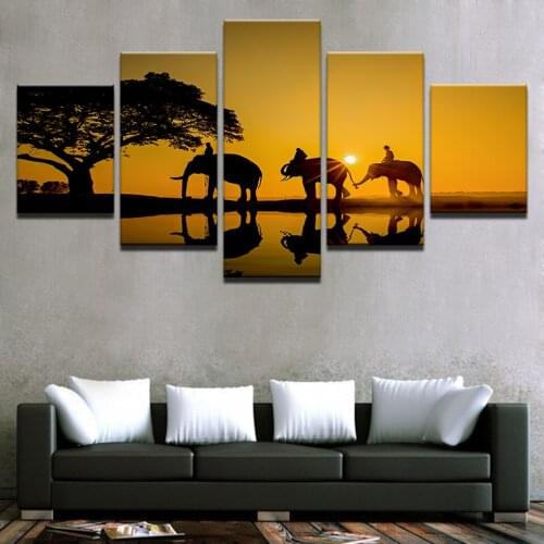 Canvas Art HD Prints Paintings 5 Pieces Sunrise Tree Elephant Group Poster Living Room Decor Animal Lake Framework