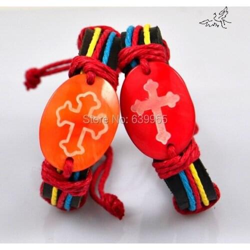 6x Shell Cross Wristband Leather ID Bracelet Fashion Catholic Christian Religious Jewelry Mix Color Wholesale