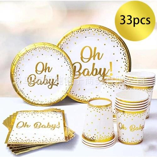 White gold oh baby baby theme paper plate cups knife fork Baby Shower tableware Party decoration baptism Event Party Supplies