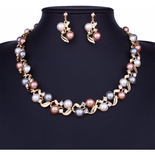 Noble Crystal Beads Pearl Bridal Jewelry Sets Rhinestone Vintage Necklace Earrings Set Fashion Women Wedding Jewelry Set