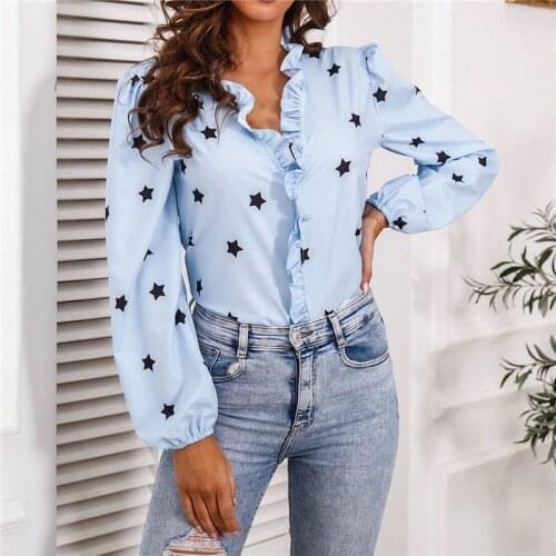 Star Printed Blouse Shirts Casual Women Long Sleeve Sheath Tops Fashion Plus Size V Neck Autumn Winter Female Shirt