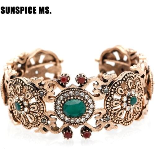 Sunspicems Vintage Turkish Women Bangle Cuff Bracelet Pulseiras Morocco Ethnic Wedding Jewelry Retro Family Gift Gold Color