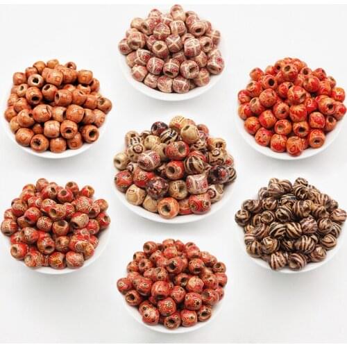 30PCs Multiple Styles Painted Drum Beads Big Hole Wooden Beads For DIY Beading Charm Bracelet Jewelry Making Accessories 11x11mm