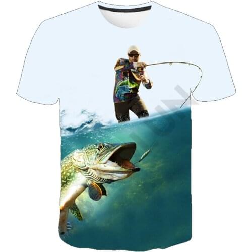 Summer Fish Outdoor 3D Print Mens T Shirt, Cool Fishing O-Neck Short Sleeve Casual Boys T-Shirts Oversized Mens Clothing Tops