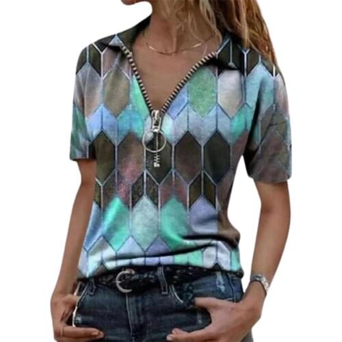 T-shirt Geometric Print Short Sleeve Top Fashion Women Zipper Blouse for Summer