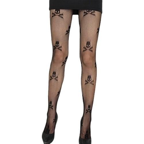 XXXL 1 PC Sexy Stay Up Thigh High Tights Fishnet Mesh Skull Print Punk Stretch Pantyhose For Women Accessories Female Stockings