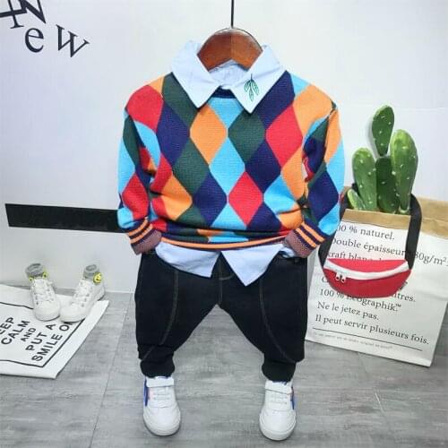 Children Clothing Sets Spring Autumn baby Boys Clothing Sets Fashion Knit sweater + shirt + jeans 3Pcs boys suits 2-6 years