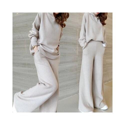 Europe station 2020 autumn and winter new knitted hooded wide leg pants suit women fashion casual loose was thin two-piece Women
