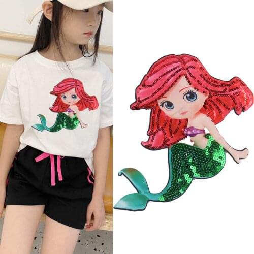 Red Hair Mermaid Heart Paillette Sequins Patches Cap Bag Shoe Iron On Appliques DIY Apparel Accessories Patch For Clothing Fabr