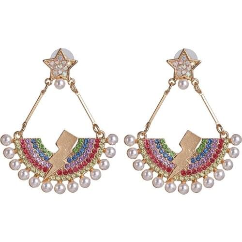 Fashion Faux Pearl Rhinestone Fan Shape Earrings Women Geometric Large Drop Earrings Female Bohemian Ethnic Long Dangle Earrings