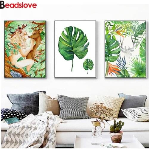 3pcs Full Drills Nordic Fairy Girl and Deer Green Leaves 5D Diy Diamond Painting Wall Picture diamond embroidery cross stith