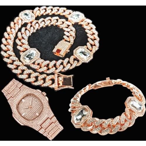 3pcs Kit Hip Hop CZ AAA 12.5MM Iced Out Square Crystal Cuban Chain Set Bling Necklace+Watch+Bracelet For Men Women Jewelry