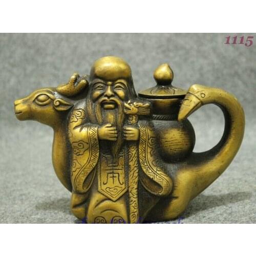 Folk Chinese Longevity Star God Ride Deer Crane Statue Wine Pot Teapot