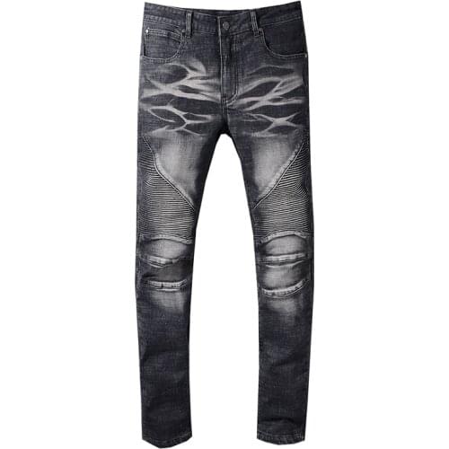 New mens male trousers autumn and winter mes black unique wash knee folds slim-fit jeans motorcycle denim pants