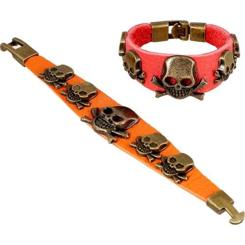 New Punk Vintage Multicolor Alloy Heart Skull Charm Men Cuff Genuine Leather Bracelets For Women Men Jewelry Accessories