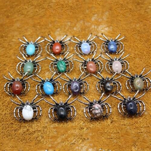 Wholesale 6pcs/lot Natural Stone Blue Sandstone Green Agatess animal spaider pendant Golden Stone brooch women brooch hand made