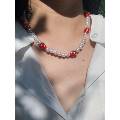 YANGLIUJIA European American Style Red Fruit Strawberry Pearl Necklace Hip-hop Punk Girls Holiday Travel Accessories