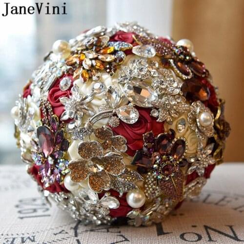 JaneVini Sparkling Diamond Crystal Wedding Bouquet Bridal Jewelerry Luxury Rhinestone Beaded Bride Pearls Satin Purple Bouquets