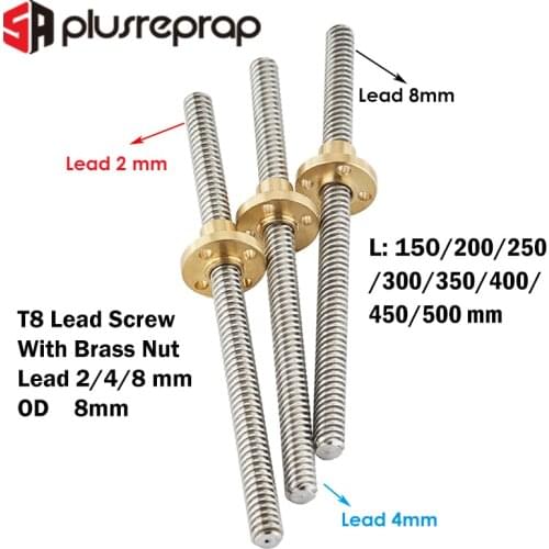 T8 Lead Screw OD8mm Pitch 2mm Lead 2/4/8mm 150mm 200mm 250mm 300mm 350mm 400mm 500mm with Brass Nut for Reprap 3D Printer Z Axis