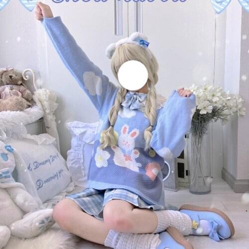 Kawaii Lolita Sweater Autumn Winter Japanese Cute Soft Girl Cartoon Rabbit Print Knitting Pullover Top Long Sleeve Sweet Sweater