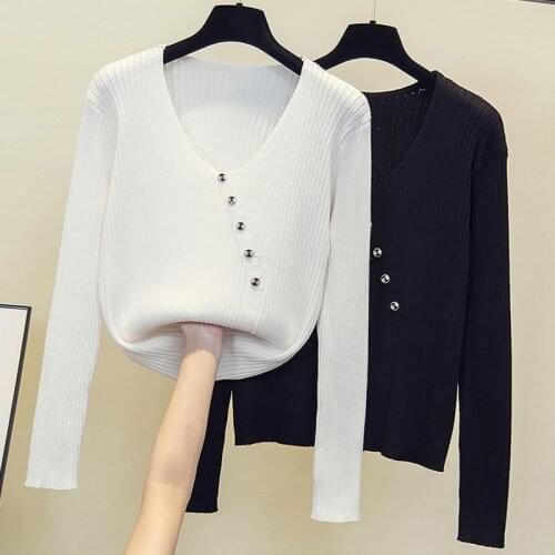 Chic Spring AutumnThin Women Sweater Pullovers Long Sleeve Warm Basic Sexy V Neck Sweater Female Knit Jumpers Button Top