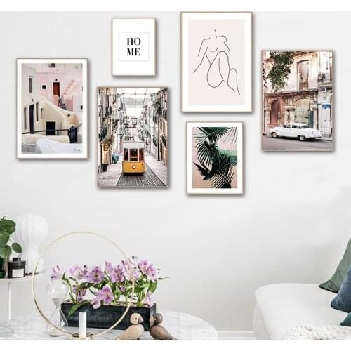 Yellow Bus Old Street House Vintage Poster City Landscape Nordic Art Canvas Print Painting Wall Picture Modern Home Decoration