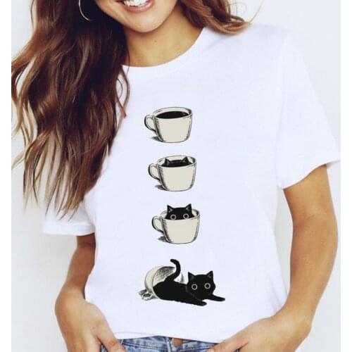 Women Graphic Animal Fashion Cat Coffee Cartoon 90s Animal 90s Lady Clothes Tops Clothing Tees Print Female Tshirt T-Shirt