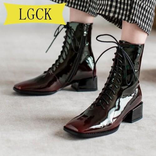 Plus Size 34-43 Patent Leather Women Boots Round Toe Womens Boots Luxury Brand High Top Shoes Anti-skid Woman Ankle Martins