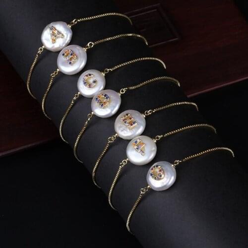 Colorful cz initial 26 alphabet letter name charm natural coin freshwater pearl bead special dainty gold link bracelet for women