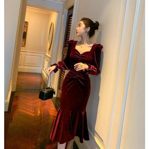 Women New 2021 Spring Autumn Elegant Velvet Dress Festa Vintage Party Robe Femme Mermaid Dresses Lady Slim Midi Vestidos Z285