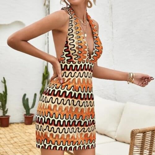 Women Summer Bohemian Bomice Print Halterneck Halter Dress, Adults Sleeveless Printed Deep V-neck Halterneck