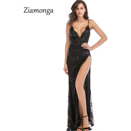 Ziamonga Asymmetrical V Neck Split Dress Summer 2019 Plus Size Sexy Club Dress Female Long Maxi Sequin Wedding Party Dresses