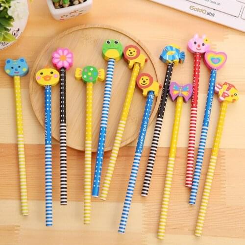 5pcs/Lot New Wooden Fashion Cartoon Animals Kawaii Students Pencil With Eraser Drawing ToolsPersonality Kids Pencil Art Supplies