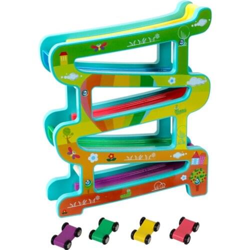 Colorful Wooden Ladder Gliding Car 5 Layers Wooden Slot Track Car Toys Early Education Model Vehicles Slide Toys For Children