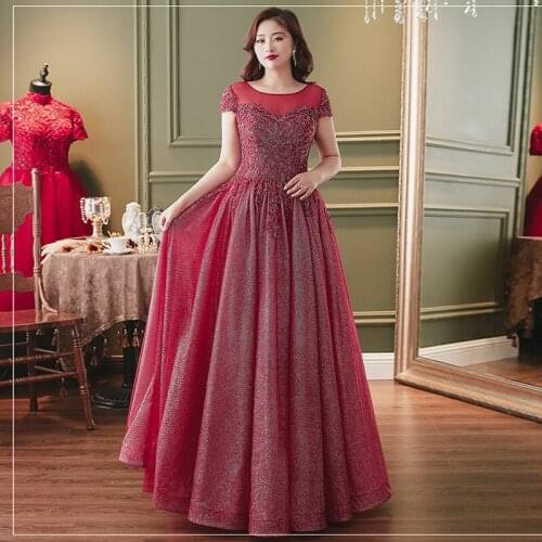 Elegant O-Neck Evening Dress Short Sleeves Appliques Bling Floor-Length Simple Lace Up A-Line Plus Size Women Formal Gowns D889