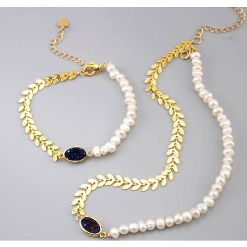 Elegant Pearl Necklace Freshwater Pearl Beads with Agates Druzy Charm Women Bracelet Necklace Set Fashion Jewelry Wedding Gift