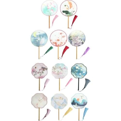 Chinese Style Antique Translucent Handheld Round Circular Fan Vintage Lotus Flower Print Dancing Paddle Hand Fans