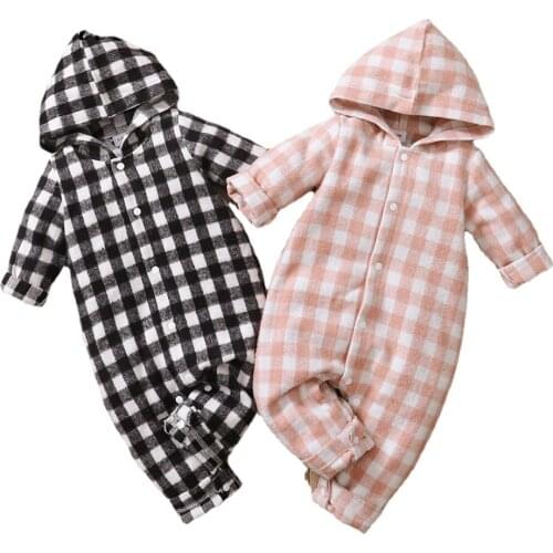 Newborn Baby Boys Girls Rompers Plaid Hooded Warm Velvet Winter Jumpsuit For Kids Babies Newborns Romper Kids Overalls
