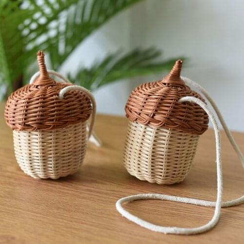 Handwoven Round Rattan Bag Bucket Tropical Beach Style Woven Shoulder Rattan Cut Kawaii Bag Photo Props For Kid Children Gift