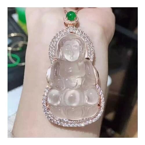 Natural Ice Guanyin Jade Pendant With 925 Sterling Silver Rose Gold Pendants Necklaces Add Chain Jade Jewelry Jade Necklace