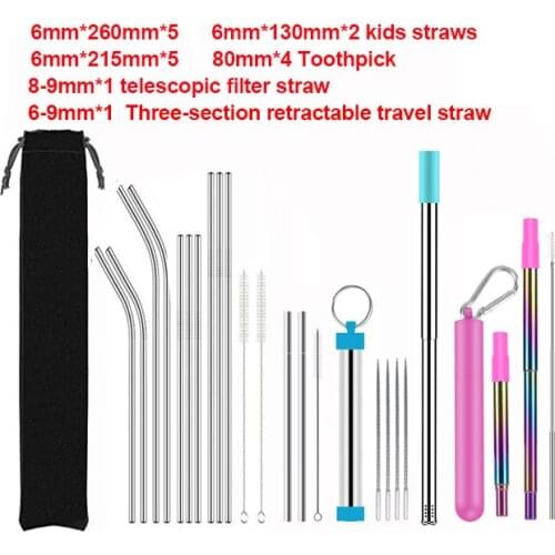 Multifunctional Metal Stainless Steel Straw with Portable Travel Case, Keychain, Telescopic Cleaning Brush, Silicone Tips