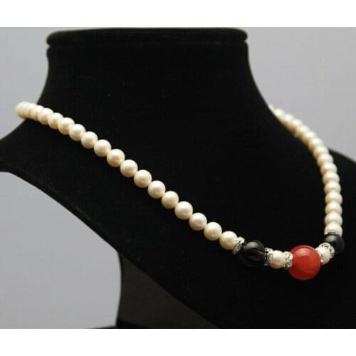 Fashion 7-8mm natural agate freshwater round white cultured pearl necklace 17"