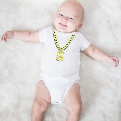 Fashion Newborn Baby Boy Girl Short Sleeve Letter Yellow Necklace Cartoon Cotton Romper Summer Baby Jumpsuits Clothes